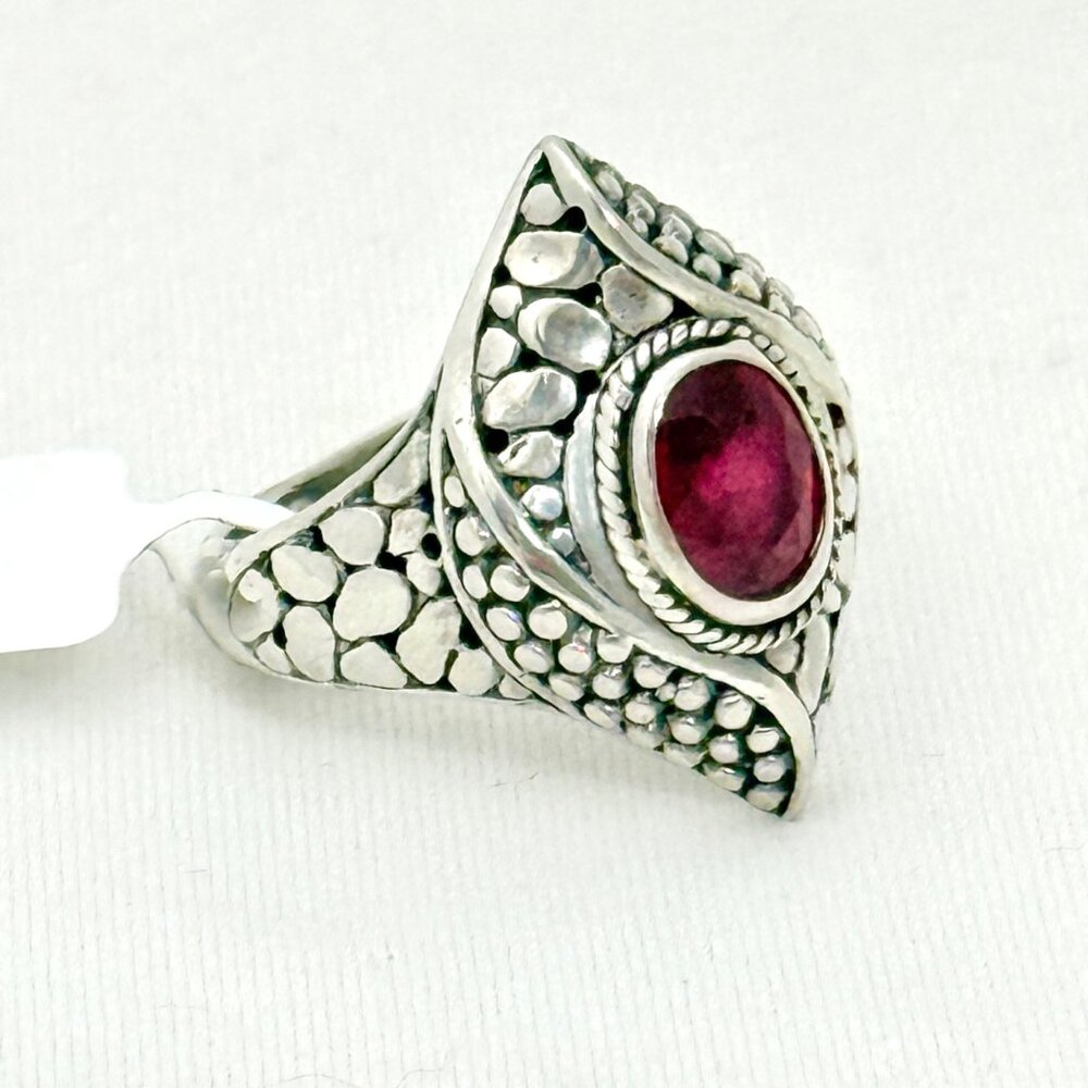 Bali Sterling Silver and Ruby Pebble Textured Statement Ring Size 8 - NWT